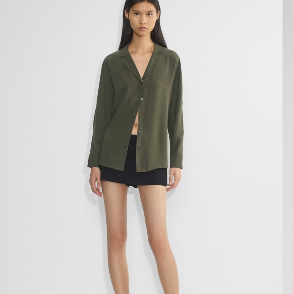 NEW ARITZIA Wilfred Freeform Shirt Olive Green Satin Button Up Blouse XL